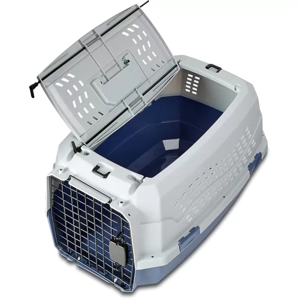 imageAmazon Basics HardSided Dog and Cat Kennel SingleDoor Travel Pet Carrier with Metal Wire Ventilation 236quotL x 157quotW x 130quotH BeigeGray  Blue