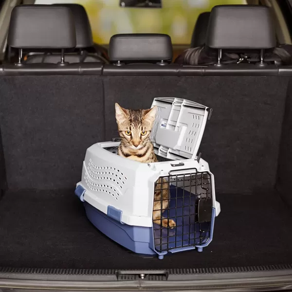 imageAmazon Basics HardSided Dog and Cat Kennel SingleDoor Travel Pet Carrier with Metal Wire Ventilation 236quotL x 157quotW x 130quotH BeigeGray  Blue
