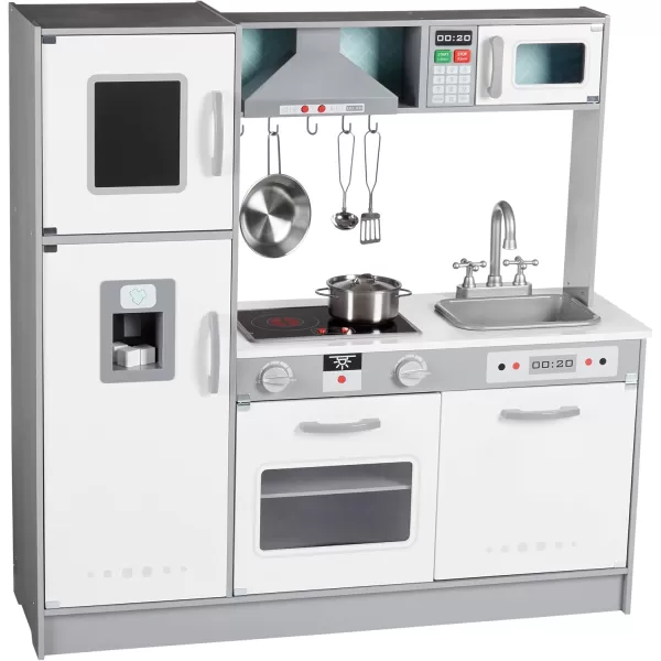 imageAmazon Basics Kids Upright Wooden Kitchen Toy Playset with Stove Oven Sink Fridge and Accessories for Toddlers Preschoolers Children Age 3 Years EspressoGray 39x118x39White  Gray
