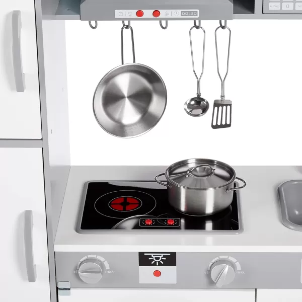 imageAmazon Basics Kids Upright Wooden Kitchen Toy Playset with Stove Oven Sink Fridge and Accessories for Toddlers Preschoolers Children Age 3 Years EspressoGray 39x118x39White  Gray