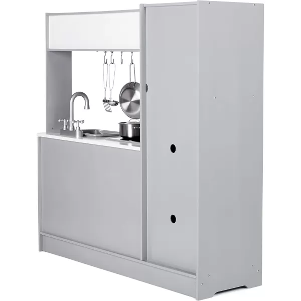 imageAmazon Basics Kids Upright Wooden Kitchen Toy Playset with Stove Oven Sink Fridge and Accessories for Toddlers Preschoolers Children Age 3 Years EspressoGray 39x118x39White  Gray