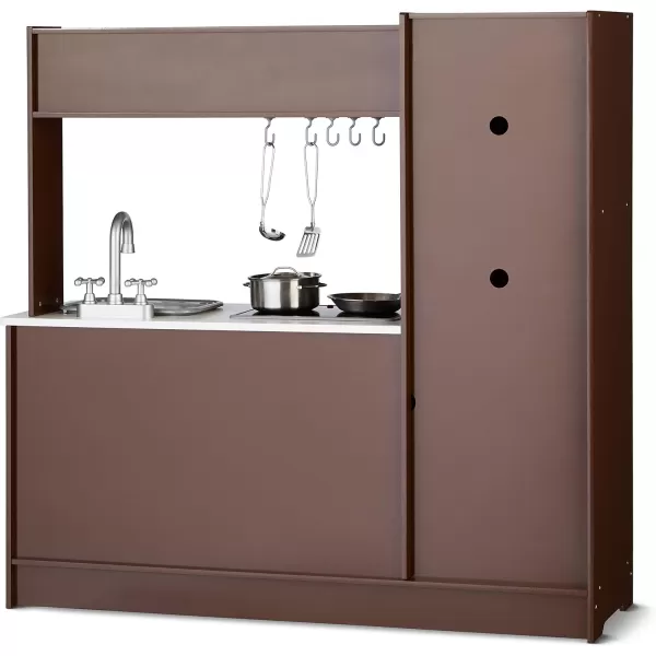 imageAmazon Basics Kids Upright Wooden Kitchen Toy Playset with Stove Oven Sink Fridge and Accessories for Toddlers Preschoolers Children Age 3 Years EspressoGray 39x118x39EspressoGray