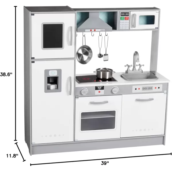 imageAmazon Basics Kids Upright Wooden Kitchen Toy Playset with Stove Oven Sink Fridge and Accessories for Toddlers Preschoolers Children Age 3 Years EspressoGray 39x118x39White  Gray