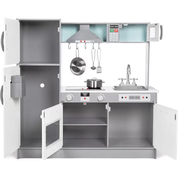 imageAmazon Basics Kids Upright Wooden Kitchen Toy Playset with Stove Oven Sink Fridge and Accessories for Toddlers Preschoolers Children Age 3 Years EspressoGray 39x118x39White  Gray