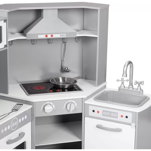 imageAmazon Basics Kids Upright Wooden Kitchen Toy Playset with Stove Oven Sink Fridge and Accessories for Toddlers Preschoolers Children Age 3 Years EspressoGray 39x118x39White  Gray