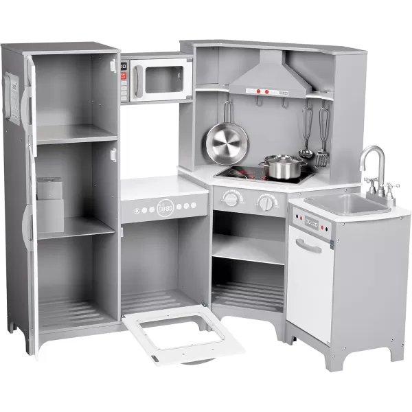 imageAmazon Basics Kids Upright Wooden Kitchen Toy Playset with Stove Oven Sink Fridge and Accessories for Toddlers Preschoolers Children Age 3 Years EspressoGray 39x118x39White  Gray