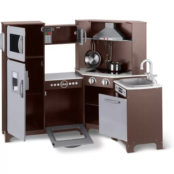 imageAmazon Basics Kids Upright Wooden Kitchen Toy Playset with Stove Oven Sink Fridge and Accessories for Toddlers Preschoolers Children Age 3 Years EspressoGray 39x118x39EspressoGray