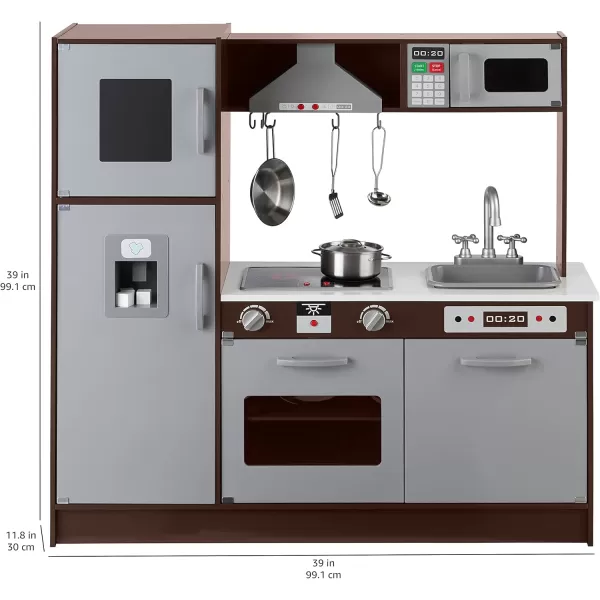 imageAmazon Basics Kids Upright Wooden Kitchen Toy Playset with Stove Oven Sink Fridge and Accessories for Toddlers Preschoolers Children Age 3 Years EspressoGray 39x118x39EspressoGray