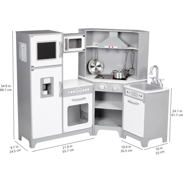 imageAmazon Basics Kids Upright Wooden Kitchen Toy Playset with Stove Oven Sink Fridge and Accessories for Toddlers Preschoolers Children Age 3 Years EspressoGray 39x118x39White  Gray