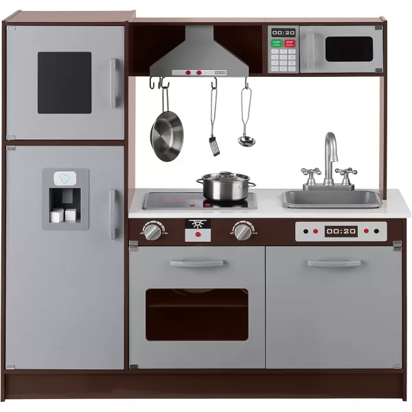 imageAmazon Basics Kids Upright Wooden Kitchen Toy Playset with Stove Oven Sink Fridge and Accessories for Toddlers Preschoolers Children Age 3 Years EspressoGray 39x118x39EspressoGray