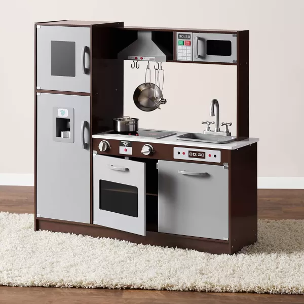 imageAmazon Basics Kids Upright Wooden Kitchen Toy Playset with Stove Oven Sink Fridge and Accessories for Toddlers Preschoolers Children Age 3 Years EspressoGray 39x118x39EspressoGray