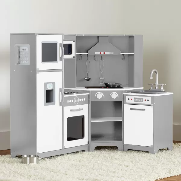 imageAmazon Basics Kids Upright Wooden Kitchen Toy Playset with Stove Oven Sink Fridge and Accessories for Toddlers Preschoolers Children Age 3 Years EspressoGray 39x118x39White  Gray