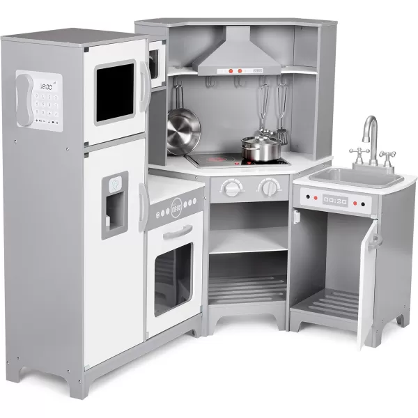 imageAmazon Basics Kids Upright Wooden Kitchen Toy Playset with Stove Oven Sink Fridge and Accessories for Toddlers Preschoolers Children Age 3 Years EspressoGray 39x118x39White  Gray