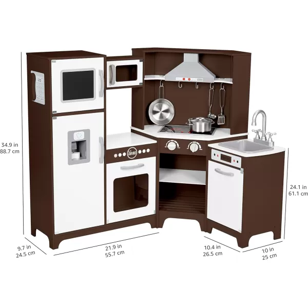imageAmazon Basics Kids Upright Wooden Kitchen Toy Playset with Stove Oven Sink Fridge and Accessories for Toddlers Preschoolers Children Age 3 Years EspressoGray 39x118x39EspressoGray