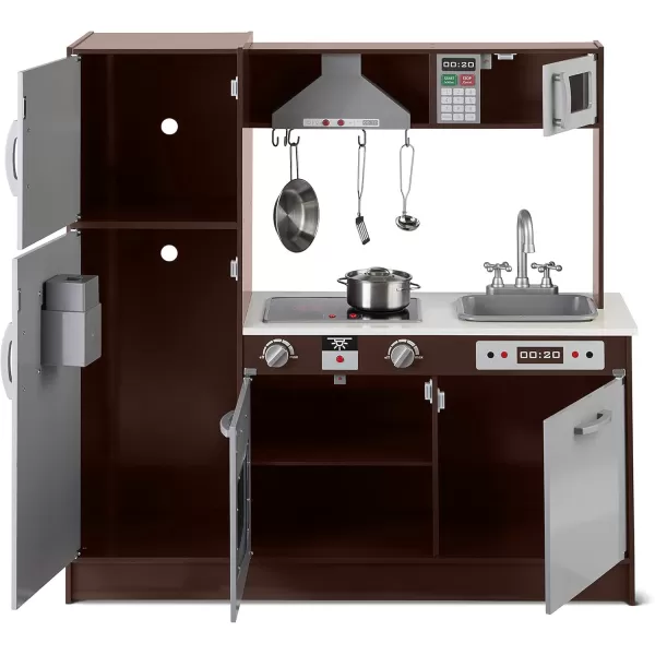 imageAmazon Basics Kids Upright Wooden Kitchen Toy Playset with Stove Oven Sink Fridge and Accessories for Toddlers Preschoolers Children Age 3 Years EspressoGray 39x118x39EspressoGray