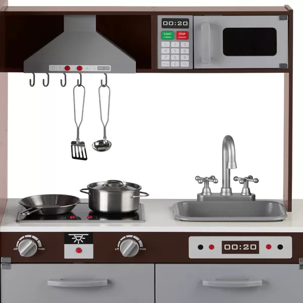imageAmazon Basics Kids Upright Wooden Kitchen Toy Playset with Stove Oven Sink Fridge and Accessories for Toddlers Preschoolers Children Age 3 Years EspressoGray 39x118x39EspressoGray