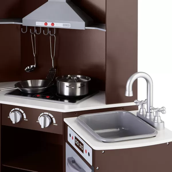 imageAmazon Basics Kids Upright Wooden Kitchen Toy Playset with Stove Oven Sink Fridge and Accessories for Toddlers Preschoolers Children Age 3 Years EspressoGray 39x118x39EspressoGray