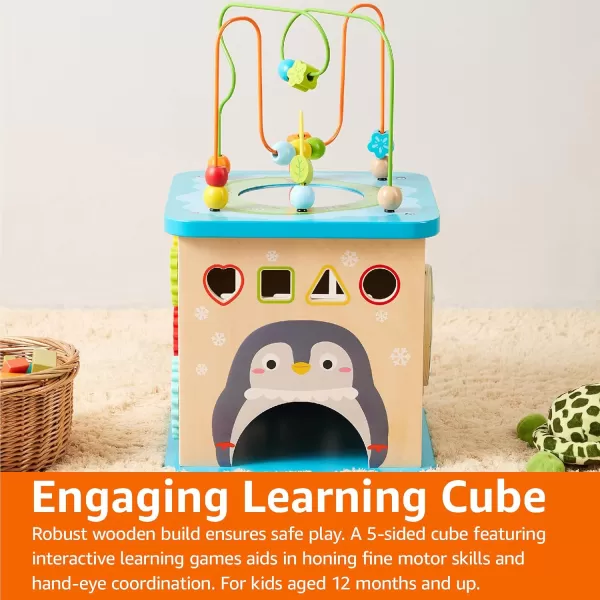 imageAmazon Basics Kids Wooden Educational Activity Learning Cube Toy Gift for Toddlers Age 12M Developmental Shape Sorter Multicolor 134x225x134inches