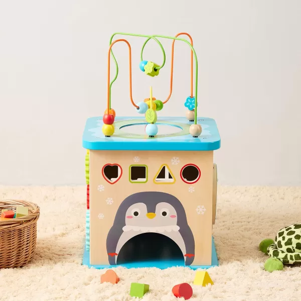 imageAmazon Basics Kids Wooden Educational Activity Learning Cube Toy Gift for Toddlers Age 12M Developmental Shape Sorter Multicolor 134x225x134inches