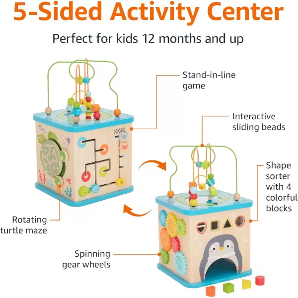 imageAmazon Basics Kids Wooden Educational Activity Learning Cube Toy Gift for Toddlers Age 12M Developmental Shape Sorter Multicolor 134x225x134inches