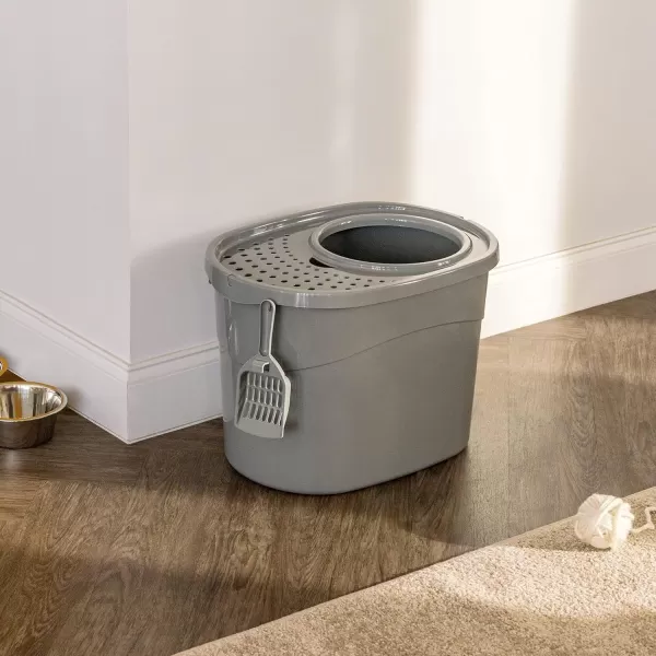 imageAmazon Basics Large Cat Litter Box with High Sides Top Entry Includes Scoop 205 x 1475 x 1438 inches GreyGrey