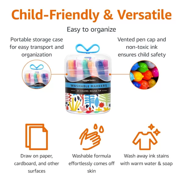 imageAmazon Basics Washable Markers for Kids Round Tip Assorted Pack 24Round Tip