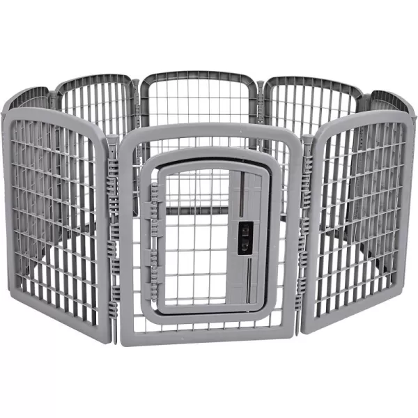 imageAmazon Basics 8Panel Octagonal Plastic Pet Pen Fence Enclosure With Gate 59 x 58 x 28 Inches Greygrey