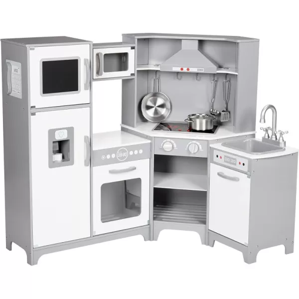 imageAmazon Basics Kids Upright Wooden Kitchen Toy Playset with Stove Oven Sink Fridge and Accessories for Toddlers Preschoolers Children Age 3 Years EspressoGray 39x118x39White  Gray