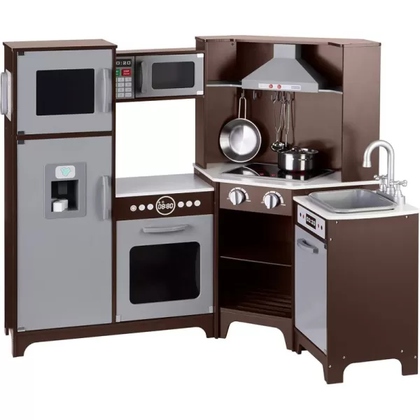 imageAmazon Basics Kids Upright Wooden Kitchen Toy Playset with Stove Oven Sink Fridge and Accessories for Toddlers Preschoolers Children Age 3 Years EspressoGray 39x118x39EspressoGray
