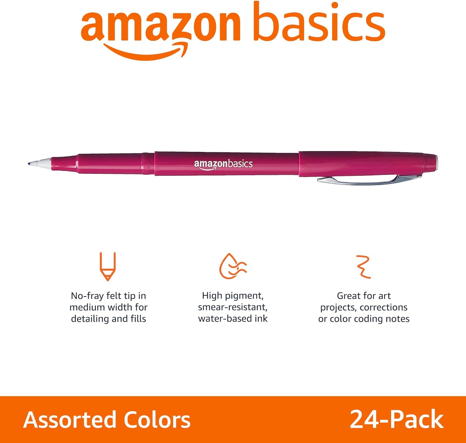 imageAmazon Basics Felt Tip Marker Pens 12Pack Assorted ColorsAssorted Colors