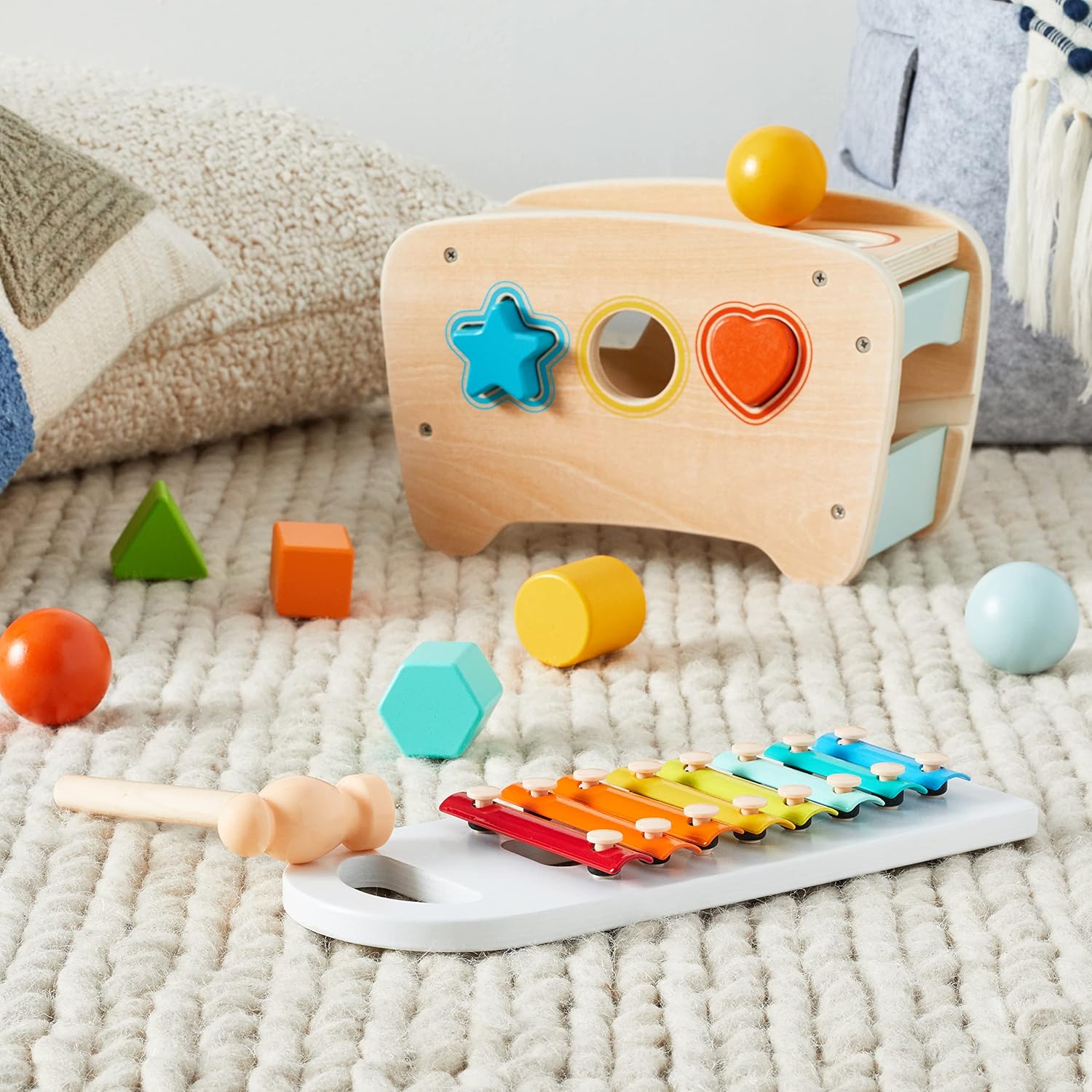 imageAmazon Basics Musical Pounding Bench With Xylophone and Shape Sorter ToyKids Gift for Toddlers Age 18M Boy Girl Baby 116 x 52 x 63 inches Multicolor