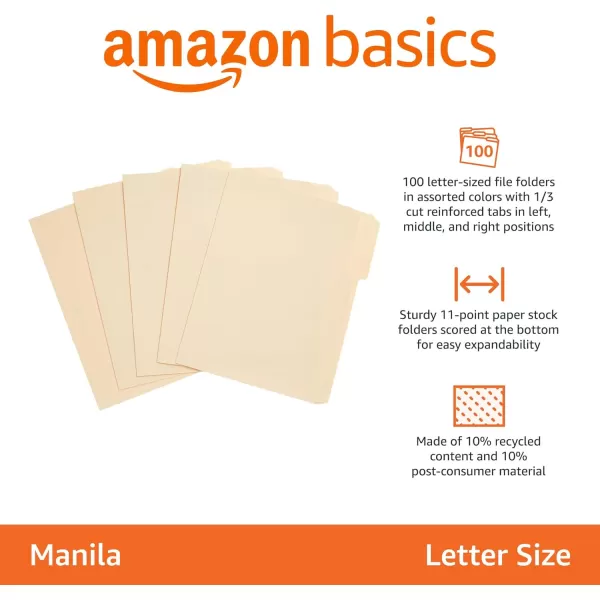 imageAmazon Basics 13Cut Tab Assorted Positions File Folders Letter Size Manila  Pack of 100Manila