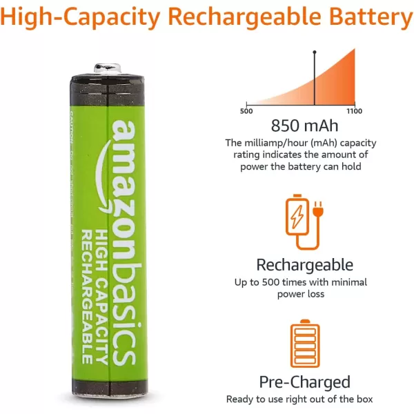imageAmazon Basics 24Pack Rechargeable AAA HighCapacity NiMH Batteries 850 mAh Recharge up to 500x Times PreCharged8 Count Pack of 1