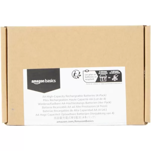 imageAmazon Basics 4Pack Rechargeable AA NiMH HighCapacity Batteries 2400 mAh Recharge up to 400x Times PreCharged