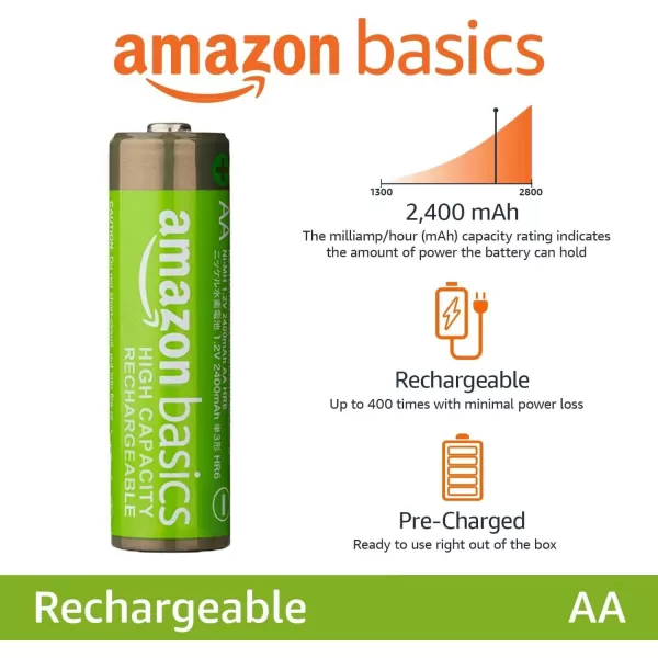 imageAmazon Basics 4Pack Rechargeable AA NiMH HighCapacity Batteries 2400 mAh Recharge up to 400x Times PreCharged