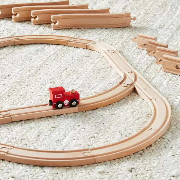 imageAmazon Basics 65piece Wooden Train Railway Construction Set with Track  Compatible and Train Railroad Wooden Toys for Kids Gift for Age 3Y