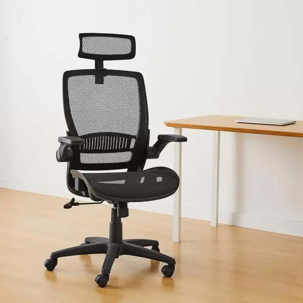 imageAmazon Basics Ergonomic Adjustable HighBack Chair with Comfortable FlipUp Armrests Contoured Mesh Seat Swivel  Black 255quotD x 2625quotW x 4925quotHBlack