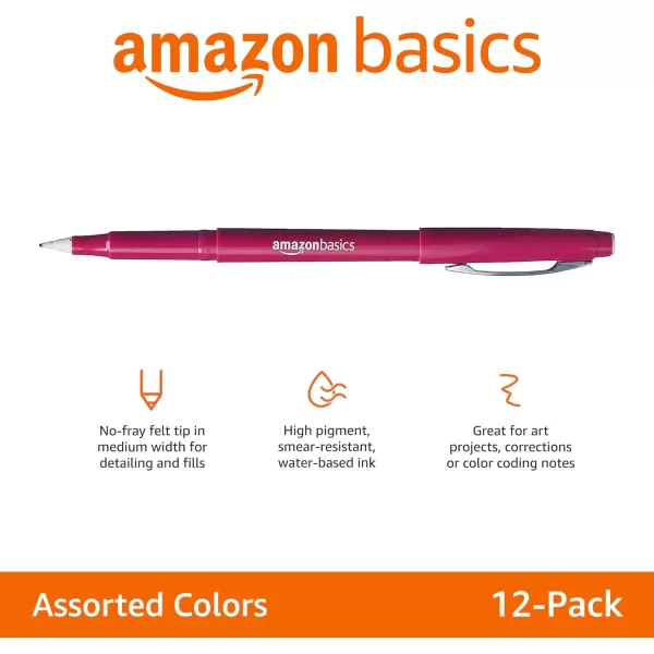 imageAmazon Basics Felt Tip Marker Pens 12Pack Assorted ColorsAssorted Colors