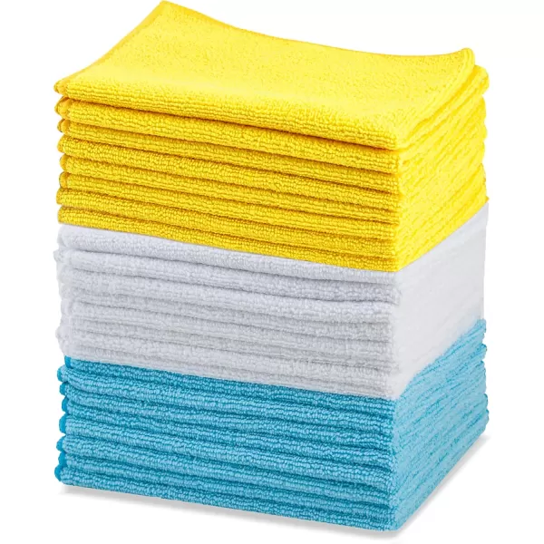 imageAmazon Basics Microfiber Cleaning Cloths Lint Free Absorbent Streak Free NonAbrasive Reusable and Washable Pack of 24 BlueWhiteYellow 16quot x 12quotBlueWhiteYellow