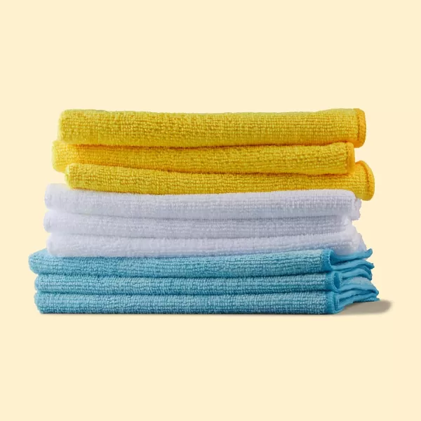 imageAmazon Basics Microfiber Cleaning Cloths Lint Free Absorbent Streak Free NonAbrasive Reusable and Washable Pack of 24 BlueWhiteYellow 16quot x 12quotBlueWhiteYellow