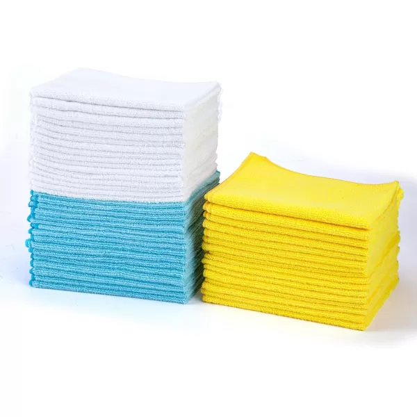 imageAmazon Basics Microfiber Cleaning Cloths Lint Free Absorbent Streak Free NonAbrasive Reusable and Washable Pack of 24 BlueWhiteYellow 16quot x 12quotBlueWhiteYellow