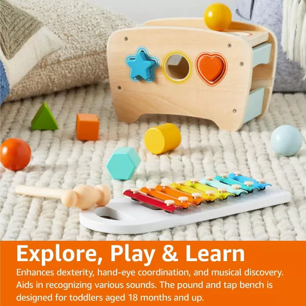 imageAmazon Basics Musical Pounding Bench With Xylophone and Shape Sorter ToyKids Gift for Toddlers Age 18M Boy Girl Baby 116 x 52 x 63 inches Multicolor