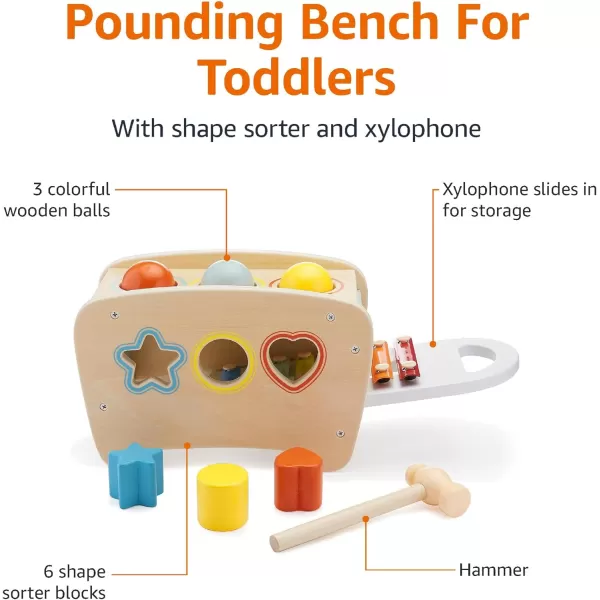 imageAmazon Basics Musical Pounding Bench With Xylophone and Shape Sorter ToyKids Gift for Toddlers Age 18M Boy Girl Baby 116 x 52 x 63 inches Multicolor