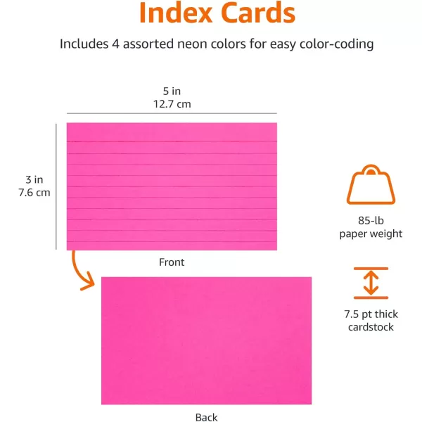 imageAmazon Basics Ruled Index Flash Cards for Studying and Note Taking Assorted Neon Colored 3x5 Inch 300CountAssorted Neon