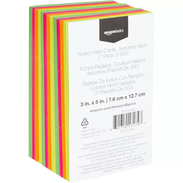 imageAmazon Basics Ruled Index Flash Cards for Studying and Note Taking Assorted Neon Colored 3x5 Inch 300CountAssorted Neon