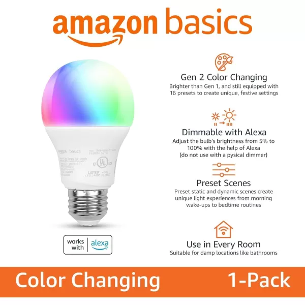 imageAmazon Basics Smart A19 LED Light Bulb Color Changing 9W 60W Equivalent 800LM Works with Alexa Only 24 GHz WiFi No Hub Required 4PackColor Changing