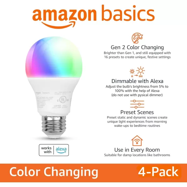 imageAmazon Basics Smart A19 LED Light Bulb Color Changing 9W 60W Equivalent 800LM Works with Alexa Only 24 GHz WiFi No Hub Required 4PackColor Changing