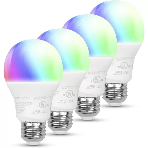 imageAmazon Basics Smart A19 LED Light Bulb Color Changing 9W 60W Equivalent 800LM Works with Alexa Only 24 GHz WiFi No Hub Required 4PackColor Changing