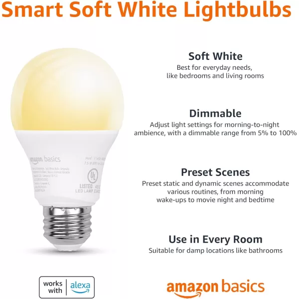 imageAmazon Basics Smart A19 LED Light Bulb Color Changing 9W 60W Equivalent 800LM Works with Alexa Only 24 GHz WiFi No Hub Required 4PackDimmable Soft White