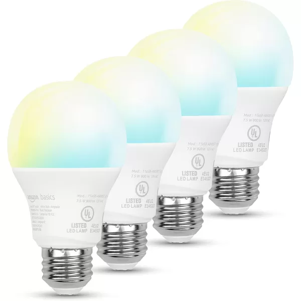 imageAmazon Basics Smart A19 LED Light Bulb Color Changing 9W 60W Equivalent 800LM Works with Alexa Only 24 GHz WiFi No Hub Required 4PackTunable White